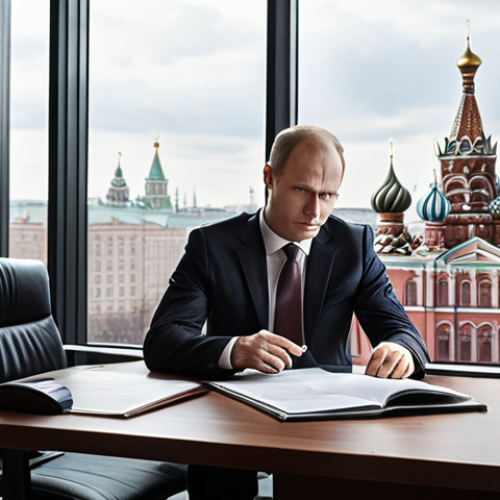 Home 4 **
A dynamic office setting in Moscow or St. Petersburg. Focus on a confident, experienced IP lawyer reviewing documents with a modern cityscape visible through a large window. The lawyer should be dressed in professional attire. The overall tone is success and expertise in a high-demand field.
**
