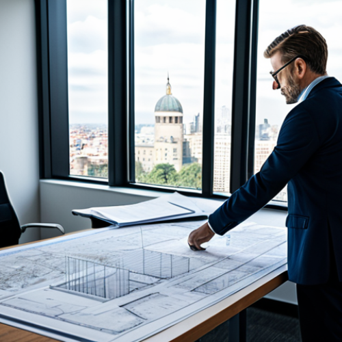 Home 10 ** A professional architect in a modern office, reviewing blueprints. Fully clothed, appropriate attire. Large windows with a cityscape view. Natural light, perfect anatomy, professional photography, safe for work.
**