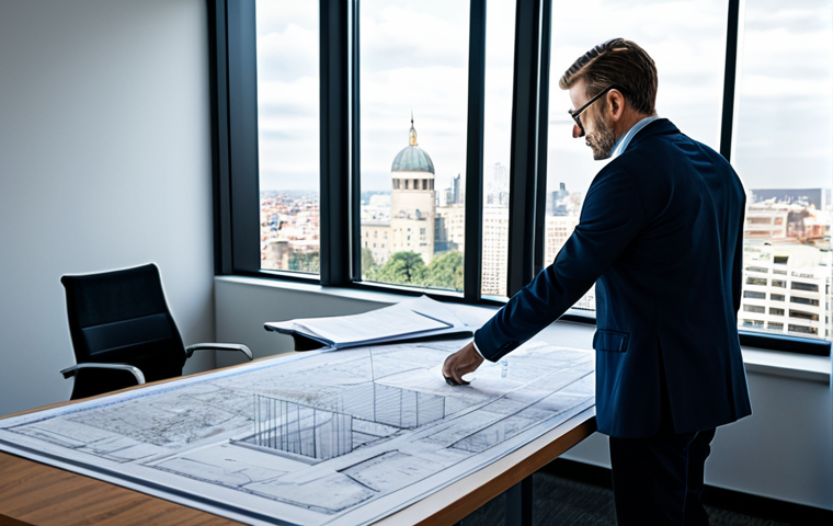 ** A professional architect in a modern office, reviewing blueprints. Fully clothed, appropriate attire. Large windows with a cityscape view. Natural light, perfect anatomy, professional photography, safe for work.
**