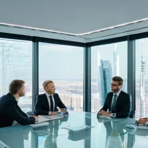 Home 23 지적재산권 실무를 위한 세미나 추천 - A professional, well-lit modern law office or conference room in a major Russian city. Through a lar...