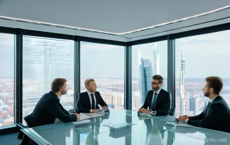 지적재산권 실무를 위한 세미나 추천 - A professional, well-lit modern law office or conference room in a major Russian city. Through a lar...