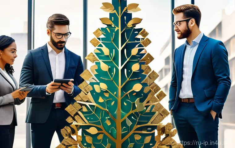 지적재산권 전문가 이직 성공 비결 - **"Golden Opportunity in Intellectual Property"**: A vibrant, semi-abstract illustration depicting i...