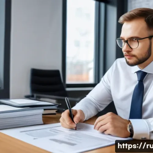 Home 32 지적재산권 전문 자격증 종류와 선택법 - A professional Russian patent attorney in a modern office setting, wearing formal business attire, r...