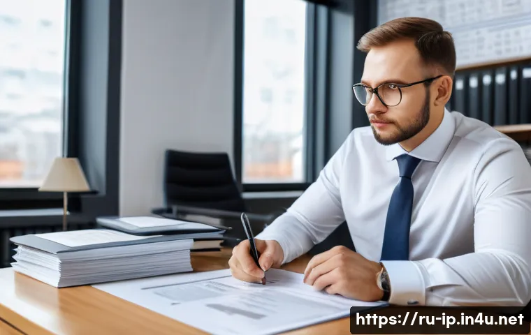 지적재산권 전문 자격증 종류와 선택법 - A professional Russian patent attorney in a modern office setting, wearing formal business attire, r...