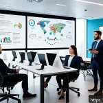 Home 23 지적재산권과 스타트업의 성공 사례 - A modern Russian startup office interior with a diverse team of professionals analyzing intellectual...
