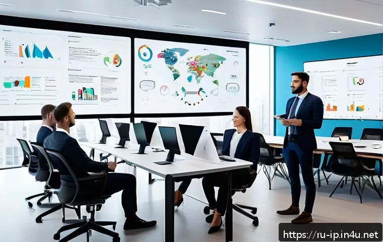 지적재산권과 스타트업의 성공 사례 - A modern Russian startup office interior with a diverse team of professionals analyzing intellectual...
