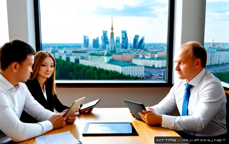 지적재산권 보호를 위한 글로벌 협력 사례 - Photorealistic international intellectual property protection meeting in a modern Moscow conference ...