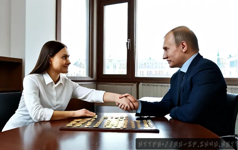 지적재산권 분쟁 해결 사례 - Photorealistic Russian intellectual property mediation scene in a modern Moscow legal office, two bu...